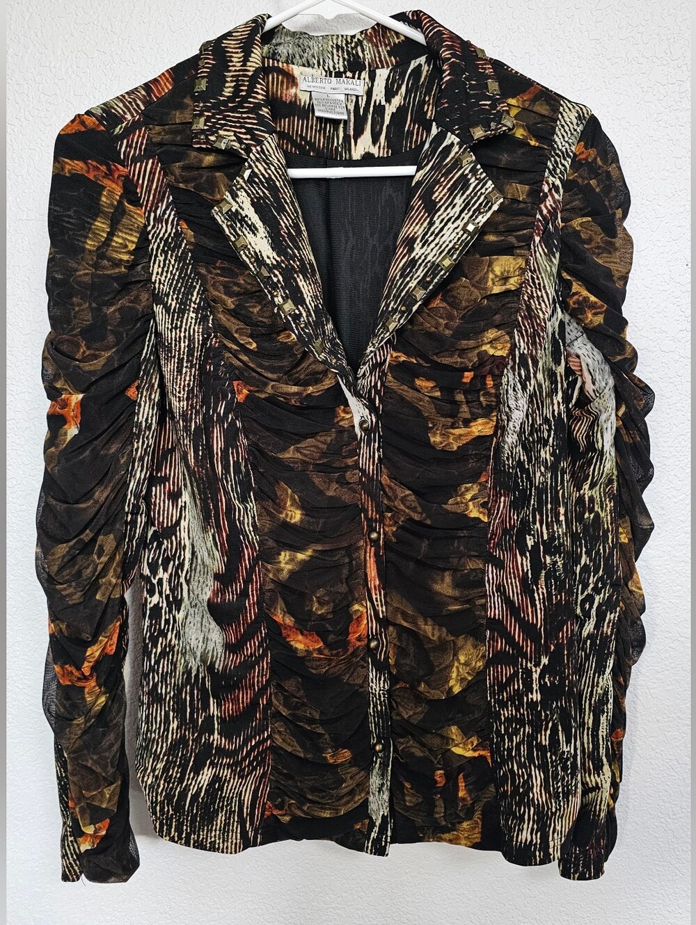 Alberto makali Large L Anthropologie animal print crinkle shirt blouse jacketE